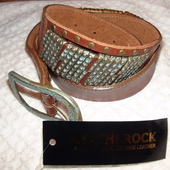 Leatherock Embellished Gold Patina Hardware Brown Leather Belt Size 34 main image 3